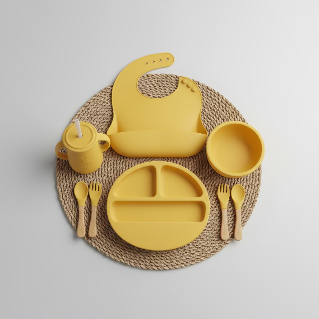 Set Vajilla De Silicona De Alimentación Destete Plato Tazón Babero Vaso Y Cubiertos