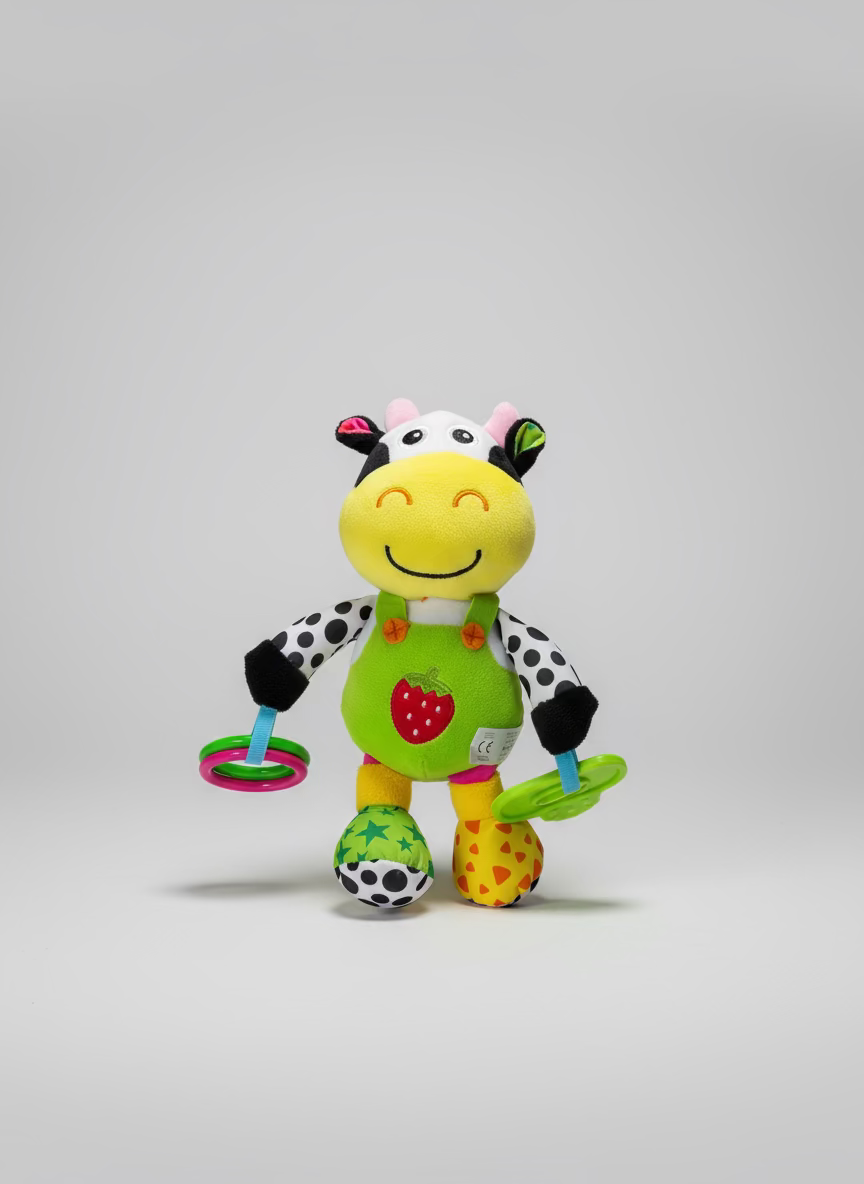 Peluche Antialergico Vaca De Actividades Sensoriales Con Sonajero Y Mordedores Para Bebé