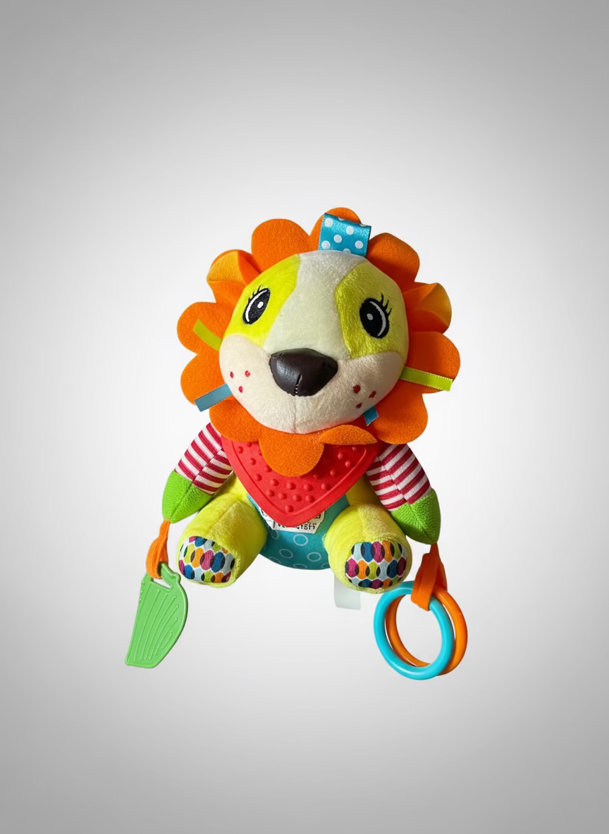 Peluche Antialérgico León Sensorial Con Sonajero, Mordedores Y Texturas