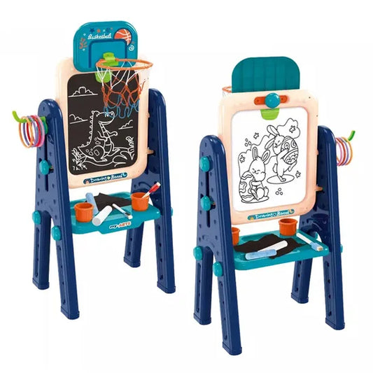 Tablero Infantil 4 en 1 Multifuncional – Pizarra, Aro de Basquet y Tablero Didáctico