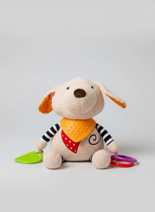 Peluche Sensorial de Perro con Mordedor de Silicona y Texturas Juguete de Apego para Bebés
