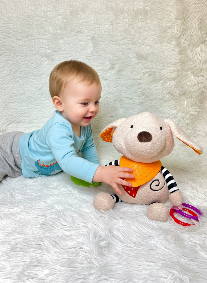 Peluche Sensorial de Perro con Mordedor de Silicona y Texturas Juguete de Apego para Bebés