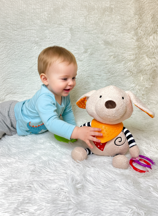Peluche Sensorial de Perro con Mordedor de Silicona y Texturas Juguete de Apego para Bebés