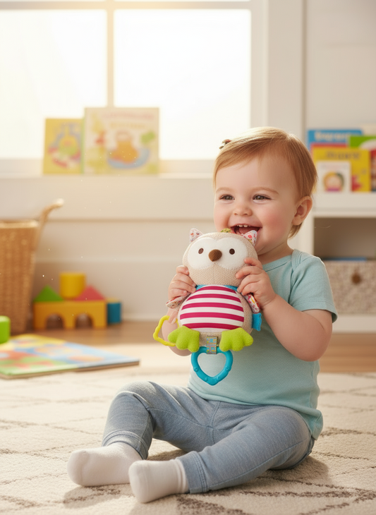 Peluche Búho de Actividades Sensoriales para Bebés con Bandana Mordedor y Sonido